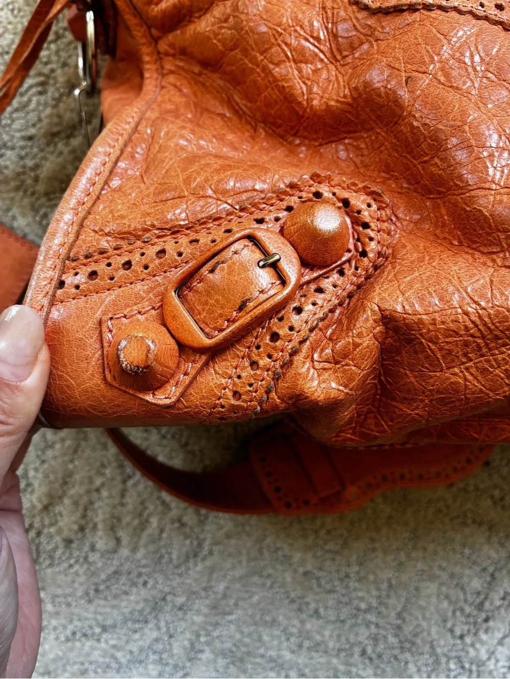 Authentic Balenciaga  City Lace-trimmed Motorcycle Bag– Orange Distressed Leat